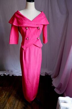 1980s Hot Pink Moiré Portrait Collar Jacket & Column Skirt Set